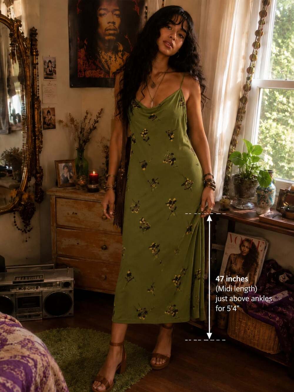 ana a new approach Women's Olive Green Floral Print Y2K style Maxidress Sz.L